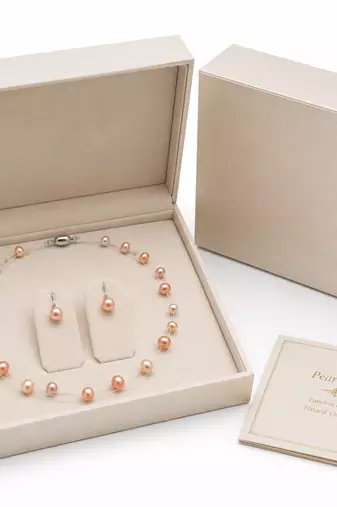 Floating pearl necklace and earring set, peach pink, multi-strand illusion style, freshwater pearl jewellery