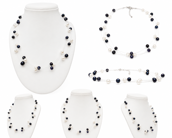 Floating pearl necklace set with earrings, black and white, multi-strand, women's jewellery 3