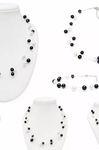 Floating pearl necklace set with earrings, black and white, multi-strand, women's jewellery
