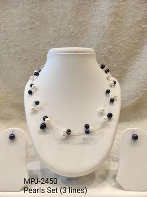 Floating pearl necklace set with earrings, black and white, multi-strand, women's jewellery 4
