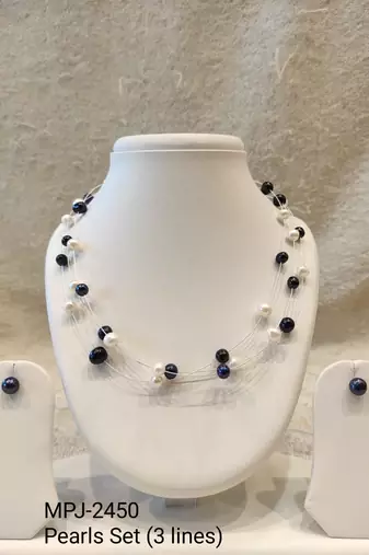Floating pearl necklace set with earrings, black and white, multi-strand, women's jewellery
