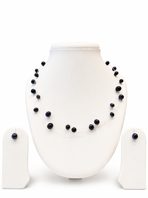 Black freshwater pearl floating necklace and stud earrings jewellery set, double strand, earrings included 3