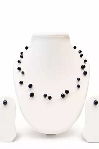 Black freshwater pearl floating necklace and stud earrings jewellery set, double strand, earrings included