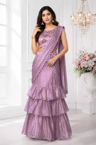 Elegant Shimmer 3-Step Ruffle Lehenga Saree with Embroidered Stitched Blouse & Designer Attach Pallu