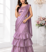 Elegant Shimmer 3-Step Ruffle Lehenga Saree with Embroidered Stitched Blouse & Designer Attach Pallu