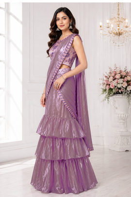 Elegant Shimmer 3-Step Ruffle Lehenga Saree with Embroidered Stitched Blouse & Designer Attach Pallu 2