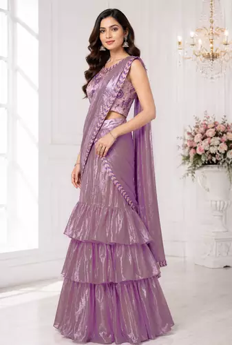 Elegant Shimmer 3-Step Ruffle Lehenga Saree with Embroidered Stitched Blouse & Designer Attach Pallu
