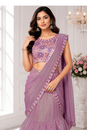 Elegant Shimmer 3-Step Ruffle Lehenga Saree with Embroidered Stitched Blouse & Designer Attach Pallu 4