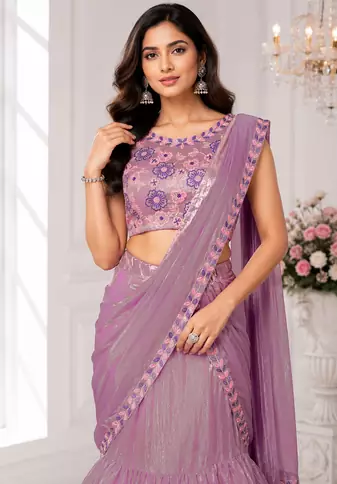 Elegant Shimmer 3-Step Ruffle Lehenga Saree with Embroidered Stitched Blouse & Designer Attach Pallu