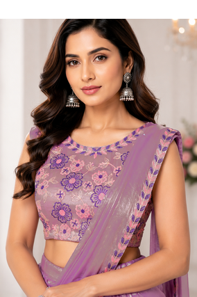 Elegant Shimmer 3-Step Ruffle Lehenga Saree with Embroidered Stitched Blouse & Designer Attach Pallu 5