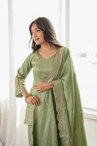 Olive green embroidered glass roman silk farshi shalwar suit set with dupatta