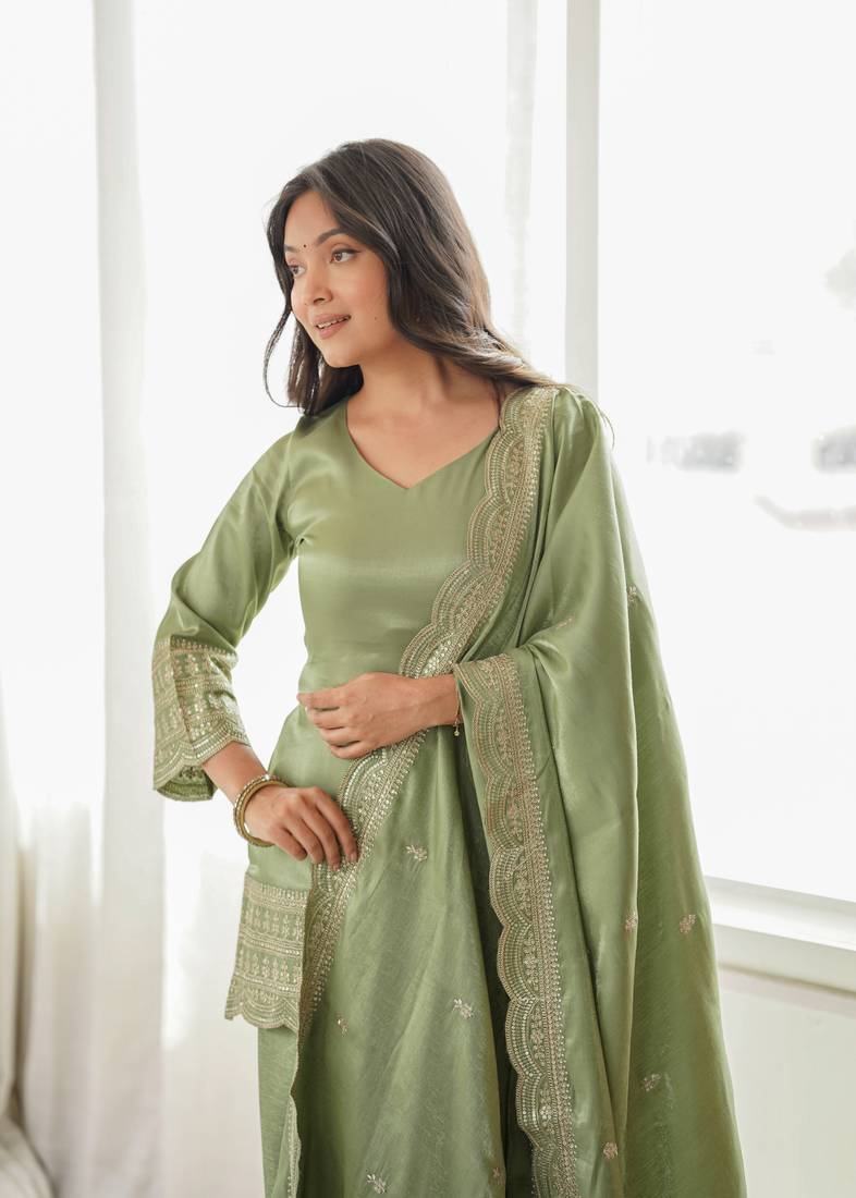 Olive green embroidered glass roman silk farshi shalwar suit set with dupatta