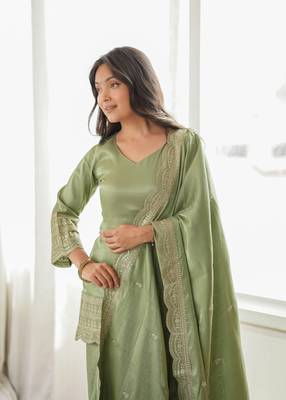 Olive green embroidered glass roman silk farshi shalwar suit set with dupatta 1