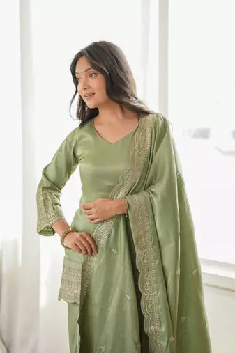 Olive green embroidered glass roman silk farshi shalwar suit set with dupatta