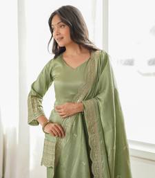 Olive green embroidered glass roman silk farshi shalwar suit set with dupatta