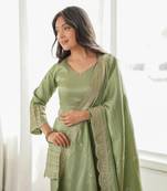 Olive green embroidered glass roman silk farshi shalwar suit set with dupatta