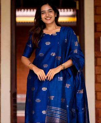 Blue jaquard  kanchi cotton with jari work kurti dupatta pant  set 2