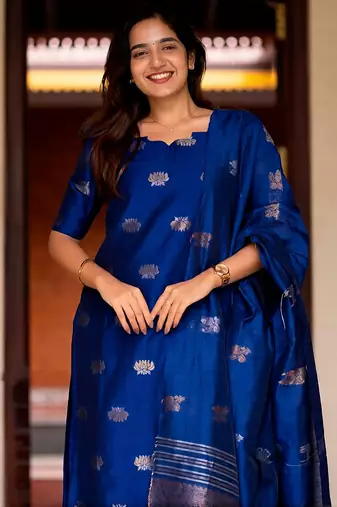 Blue jaquard  kanchi cotton with jari work kurti dupatta pant  set