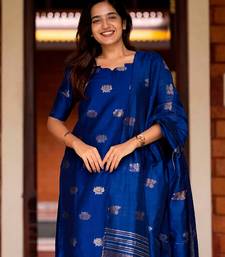 Blue jaquard  kanchi cotton with jari work kurti dupatta pant  set
