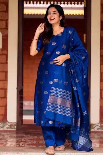 Blue jaquard  kanchi cotton with jari work kurti dupatta pant  set