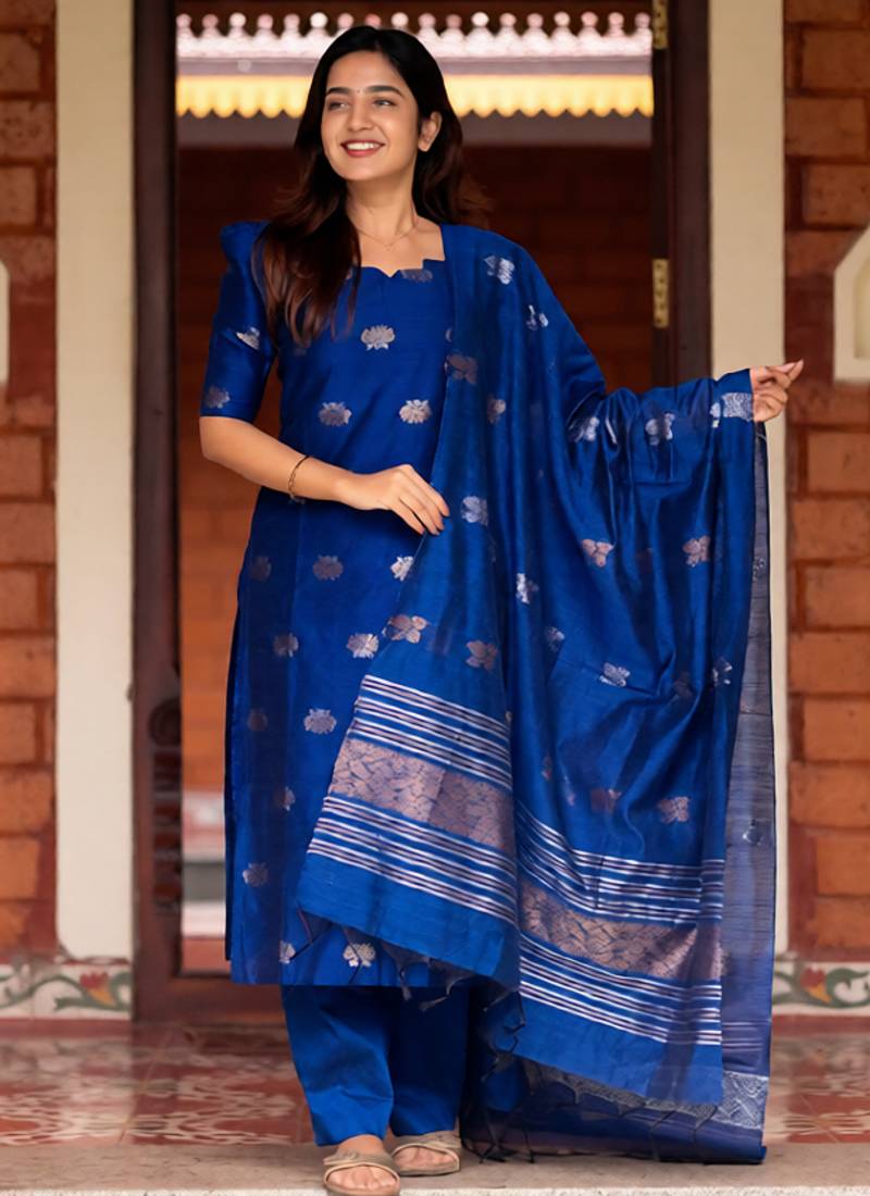 Blue jaquard  kanchi cotton with jari work kurti dupatta pant  set