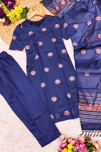 Blue jaquard  kanchi cotton with jari work kurti dupatta pant  set