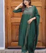 Green embroidered  vertical cotton with kurti dupatta pant  set