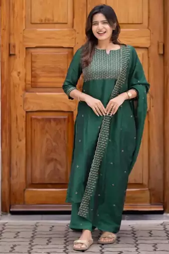 Green embroidered  vertical cotton with kurti dupatta pant  set