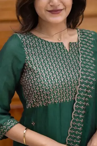 Green embroidered  vertical cotton with kurti dupatta pant  set