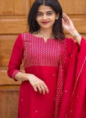 Rani embroidered  vertical cotton with kurti dupatta pant  set 2