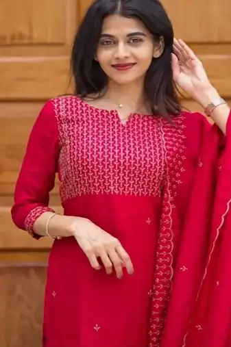 Rani embroidered  vertical cotton with kurti dupatta pant  set