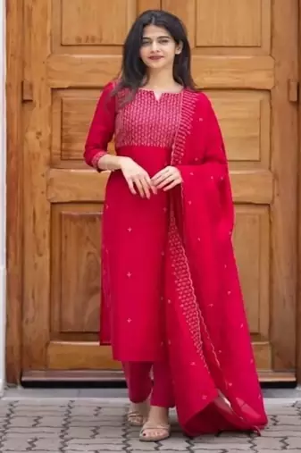 Rani embroidered  vertical cotton with kurti dupatta pant  set