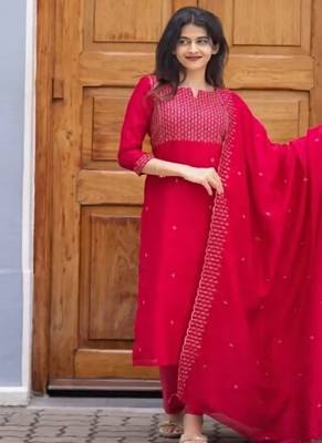Rani embroidered  vertical cotton with kurti dupatta pant  set 1