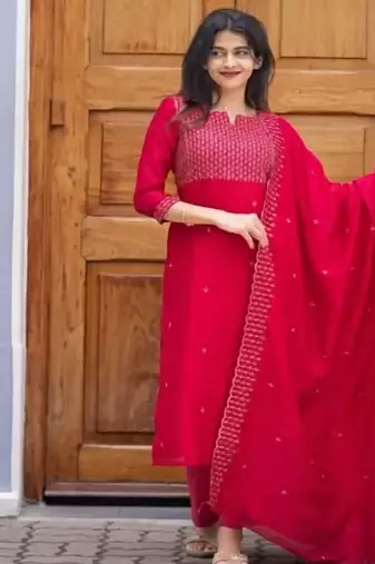 Rani embroidered  vertical cotton with kurti dupatta pant  set