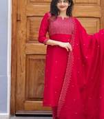 Rani embroidered  vertical cotton with kurti dupatta pant  set