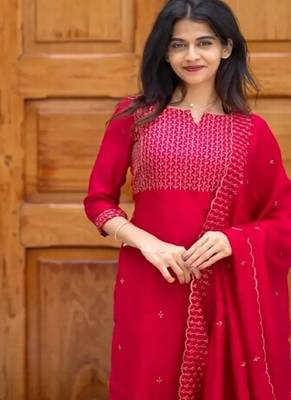 Rani embroidered  vertical cotton with kurti dupatta pant  set 4