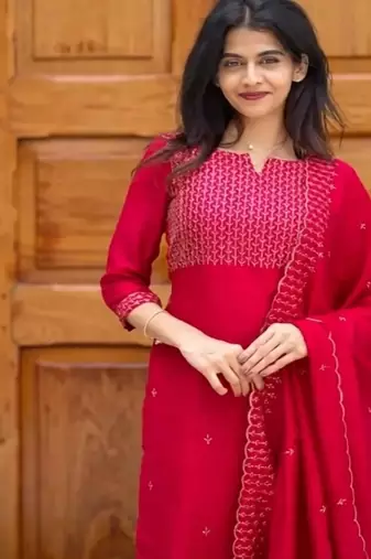 Rani embroidered  vertical cotton with kurti dupatta pant  set