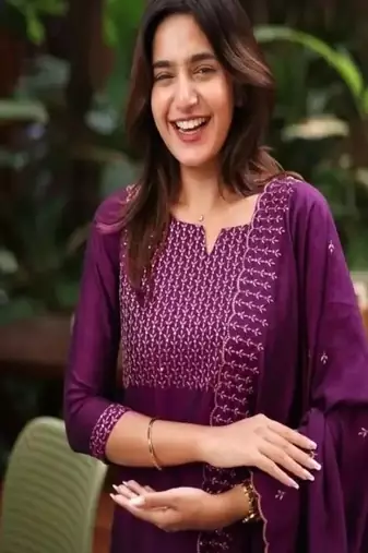 Wine embroidered  vertical cotton with kurti dupatta pant  set