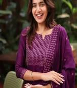 Wine embroidered  vertical cotton with kurti dupatta pant  set