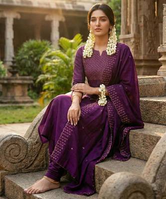 Wine embroidered  vertical cotton with kurti dupatta pant  set 2