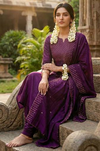 Wine embroidered vertical cotton with kurti dupatta pant set