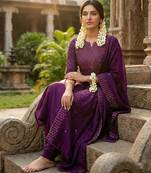 Wine embroidered vertical cotton with kurti dupatta pant set