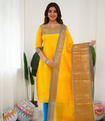 Yellow jaquard  kanchi cotton kurti dupatta set