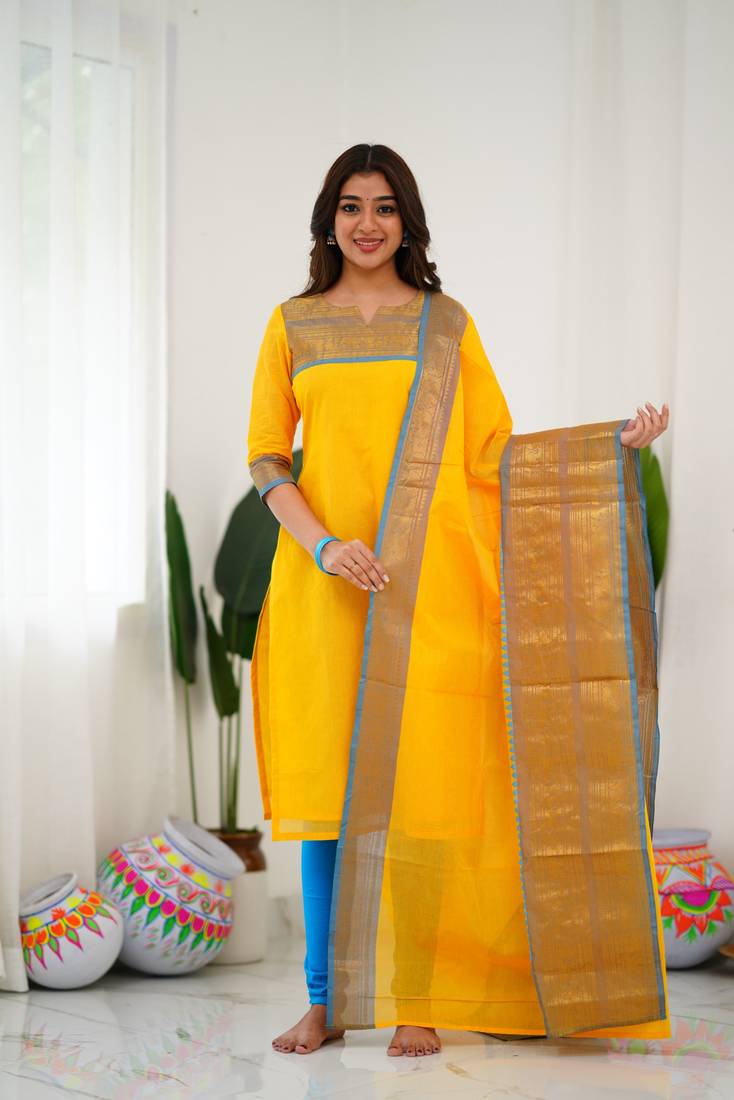 Yellow jaquard  kanchi cotton kurti dupatta set
