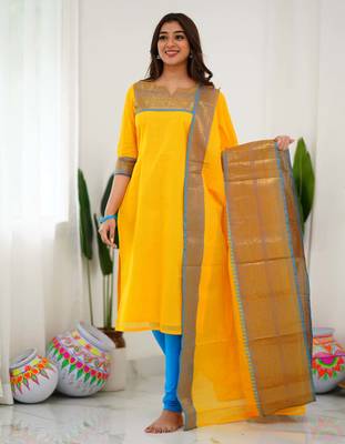Yellow jaquard  kanchi cotton kurti dupatta set 2