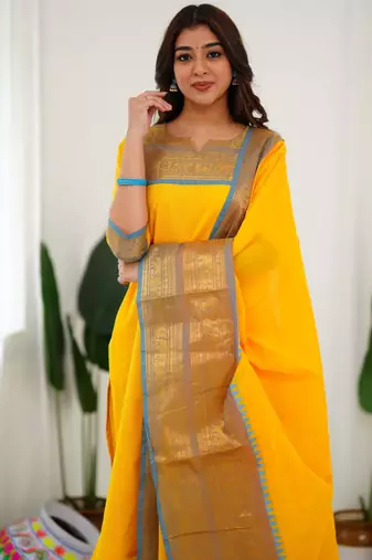Yellow jaquard  kanchi cotton kurti dupatta set