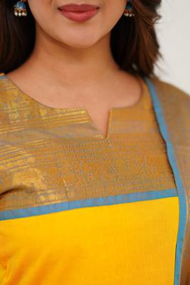 Yellow jaquard  kanchi cotton kurti dupatta set 4