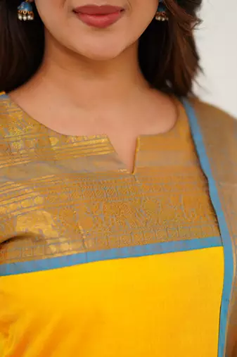 Yellow jaquard  kanchi cotton kurti dupatta set