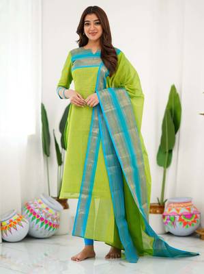 Light green jaquard  kanchi cotton kurti dupatta set 1