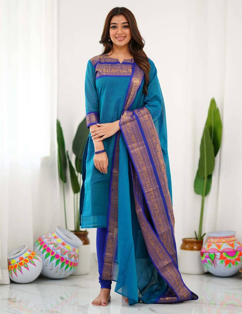 Firozi jaquard  kanchi cotton kurti dupatta set